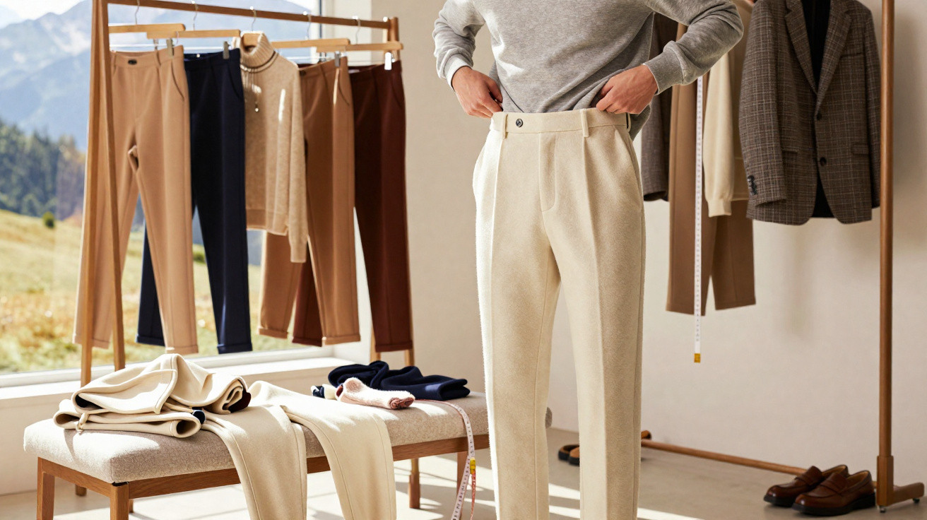 Pessoa experimentando calça bege em loja de roupas com outras peças penduradas e dobradas ao redor