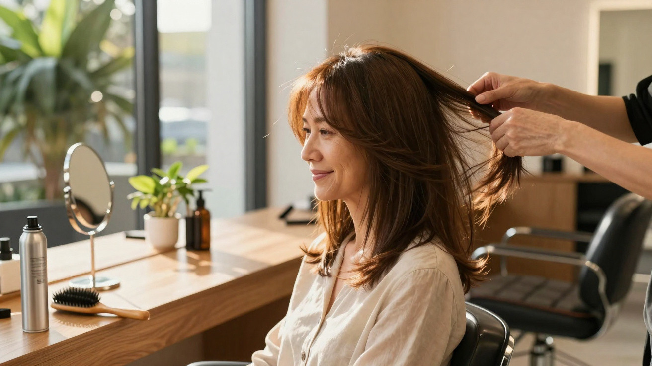 Mulher sorrindo enquanto cabeleireiro arruma seu cabelo em salão de beleza iluminado pela luz natural.