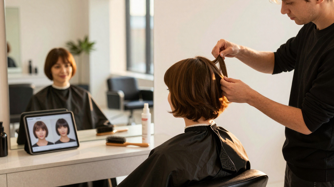 Cliente com capa de cabeleireiro no salão, olhando para tablet com opções de cortes de cabelo, enquanto cabeleireiro ajusta.