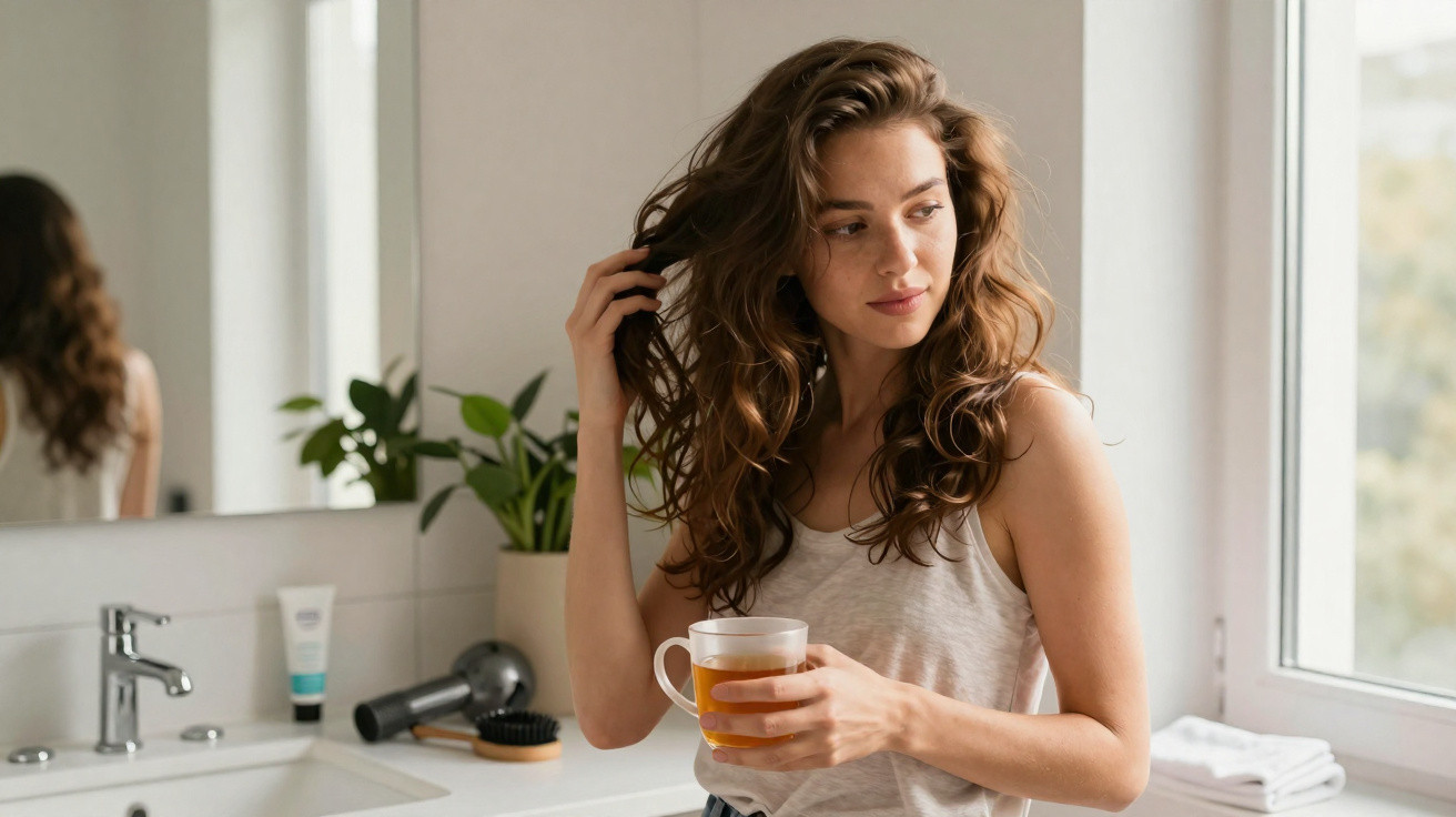 Mulher com cabelo ondulado segurando xícara e ajeitando o cabelo em banheiro claro e organizado.