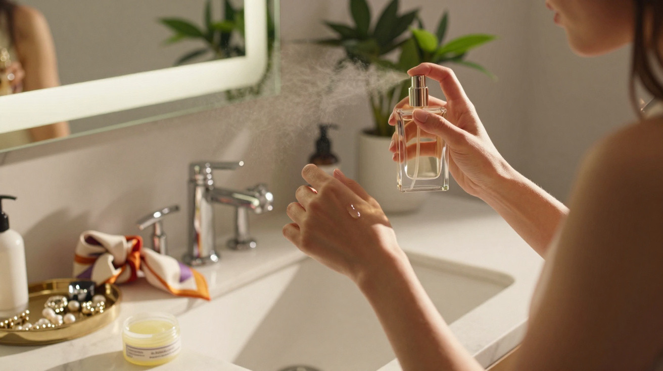 Pessoa aplicando perfume em um banheiro branco com plantas e itens de beleza no balcão.