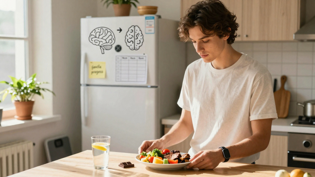 Jovem em camiseta branca sentado à mesa na cozinha com prato de salada, bolo, chocolate e copo de água com limão.
