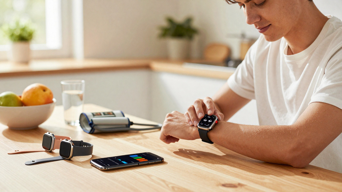 Pessoa utilizando relógio inteligente para monitorar saúde em mesa com medidor de pressão e celular.