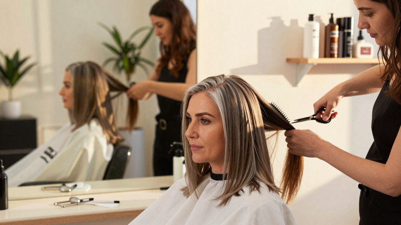 Mulher loira recebendo corte de cabelo em salão de beleza com cabeleireira profissional.