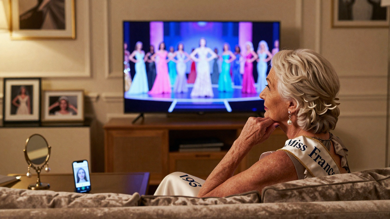 Idosa com faixa de Miss França assiste concurso de beleza de mulheres ao vivo na televisão.