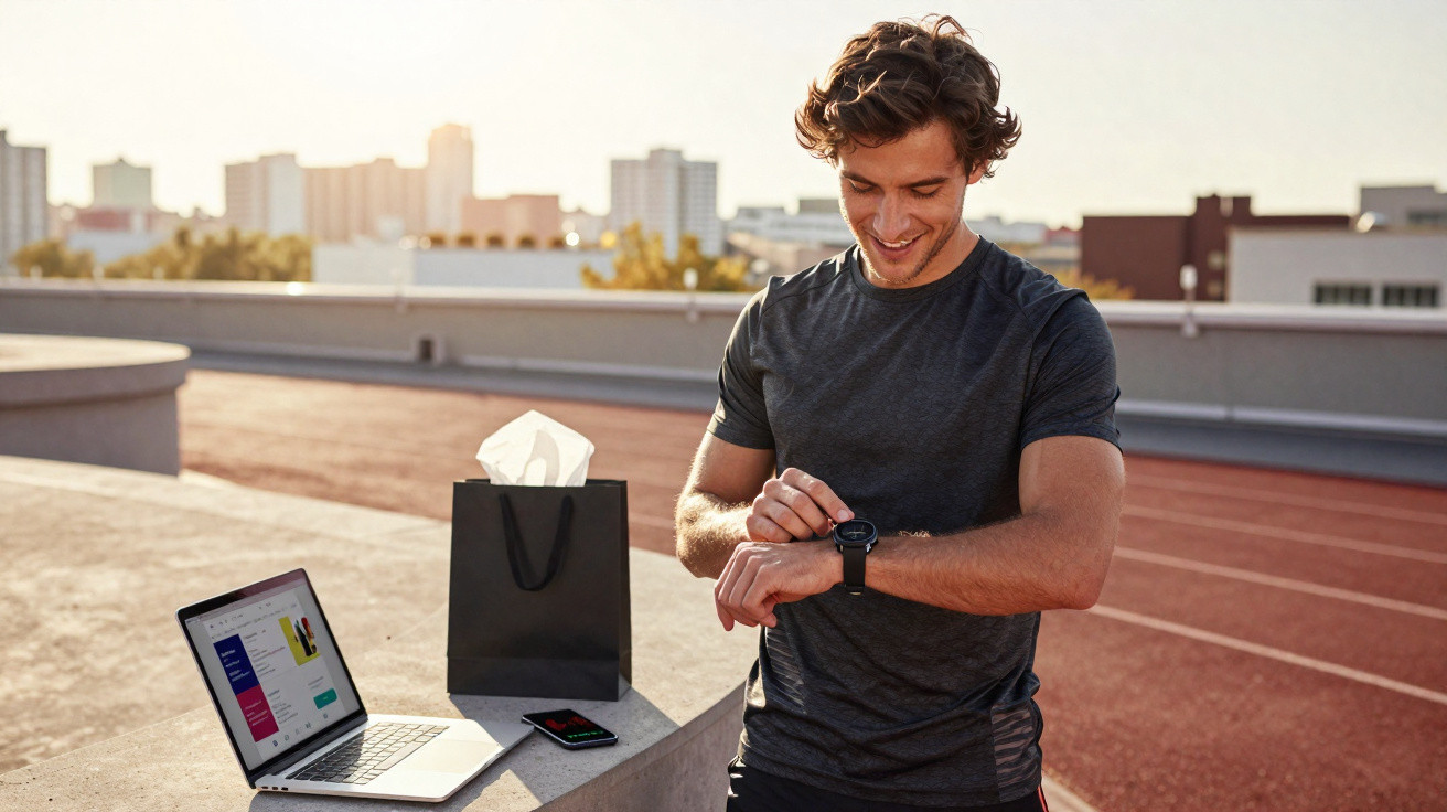 Homem sorrindo consulta relógio digital em pista de corrida com laptop e celular ao lado.