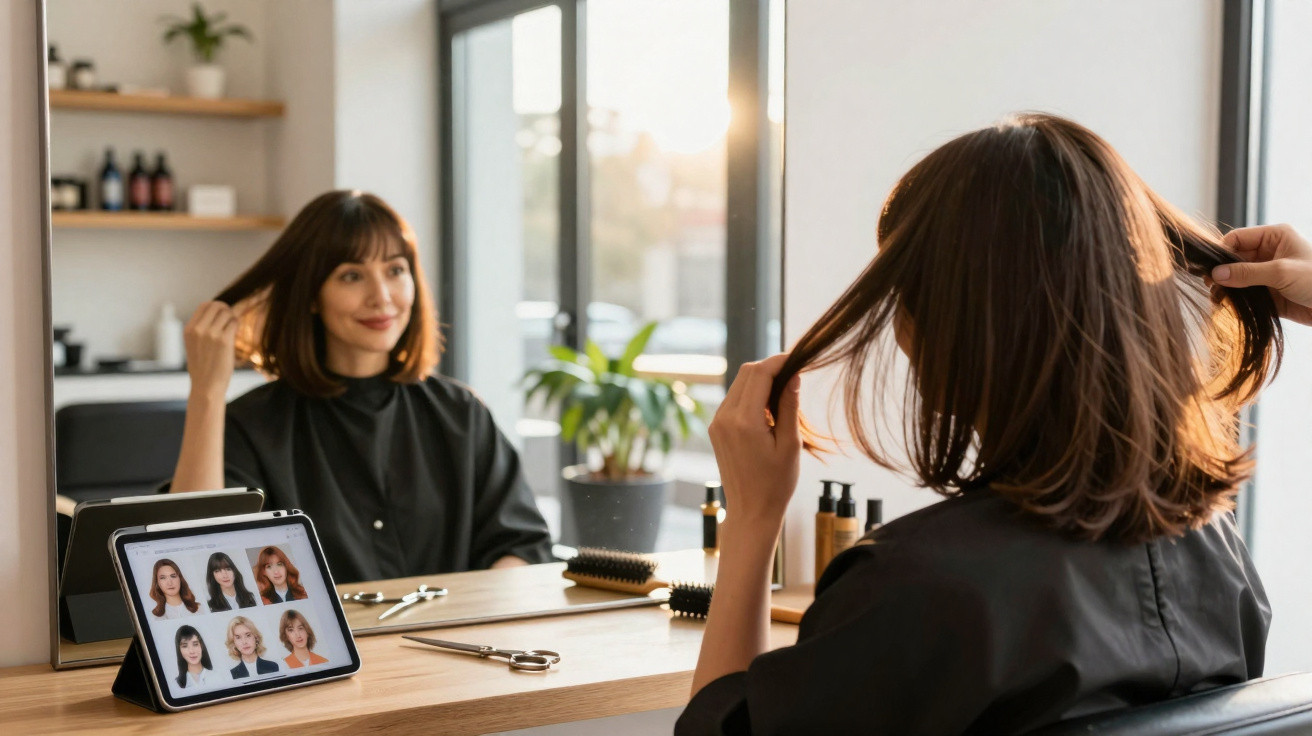 Mulher sentada em salão de beleza escolhendo corte de cabelo com tablet e espelho à sua frente.