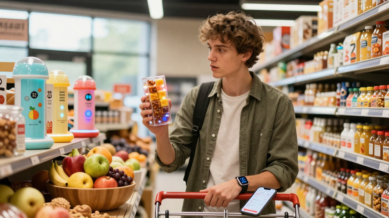 Jovem com carrinho de compras segura caixa de frutas secas em corredor de supermercado.