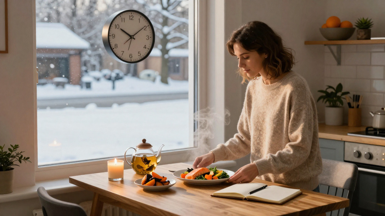 Mulher sentada à mesa de madeira com prato de comida, chá, vela acesa e janela com neve do lado de fora.
