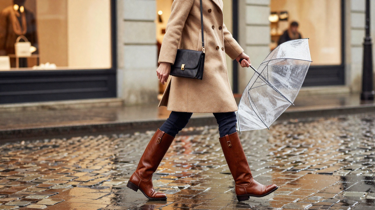 Pessoa caminhando com casaco bege, botas marrons e segurando guarda-chuva transparente em calçada molhada.