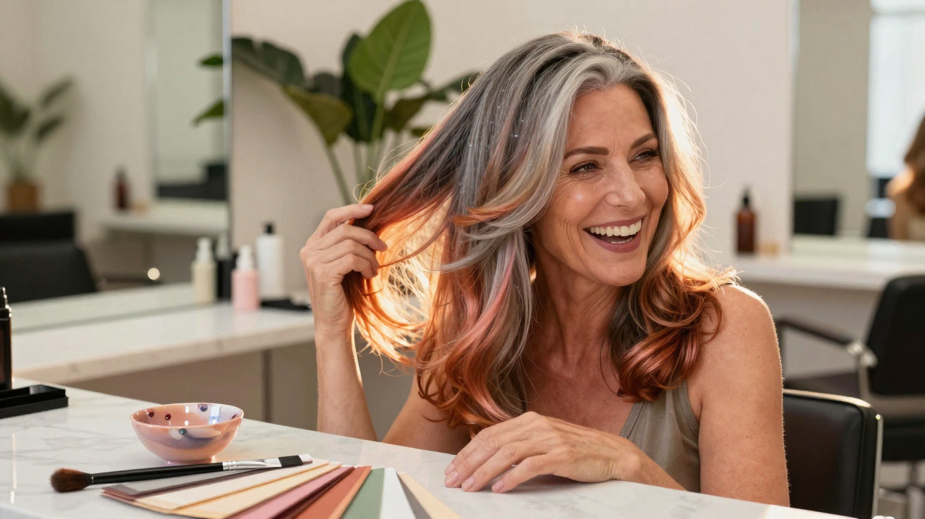 Mulher madura sorrindo em salão de beleza, com cabelos grisalhos e mechas coloridas, segurando o cabelo.