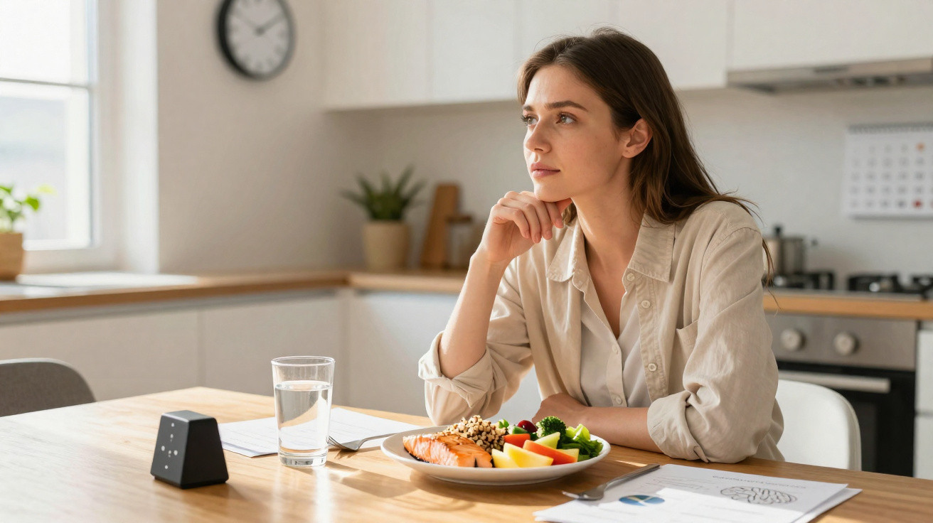 Mulher pensativa sentada à mesa com prato de comida saudável e copo d'água em cozinha moderna iluminada.
