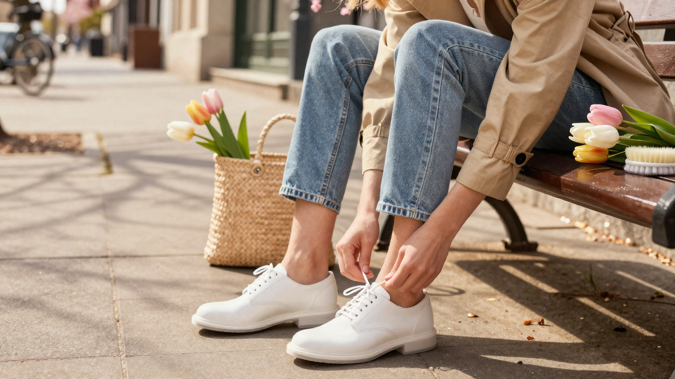 Pessoa sentada em banco ao ar livre amarrando cadarço de sapato branco, ao lado bolsa com flores.