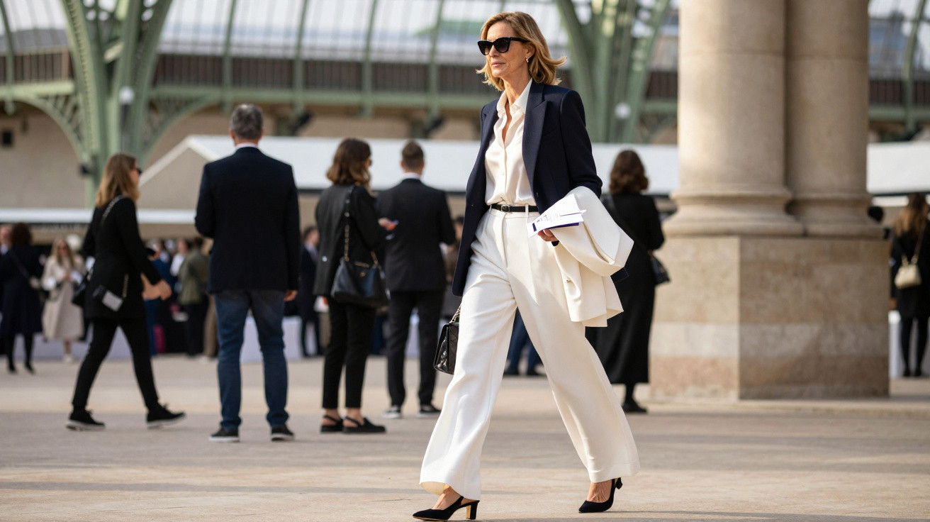 Mulher elegante com terno branco e blazer azul caminhando em área pública com pessoas ao fundo.