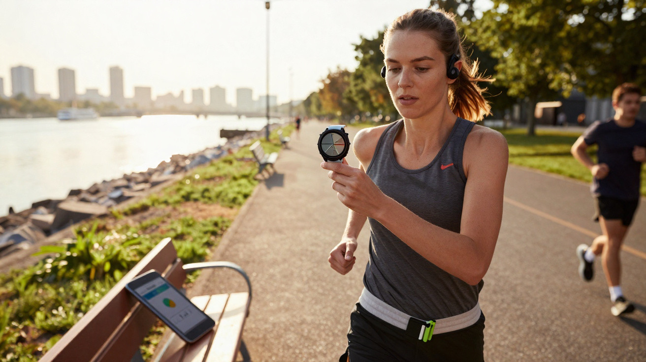 Mulher correndo em pista próxima a rio, olhando smartwatch, com fone e celular sobre banco próximo.