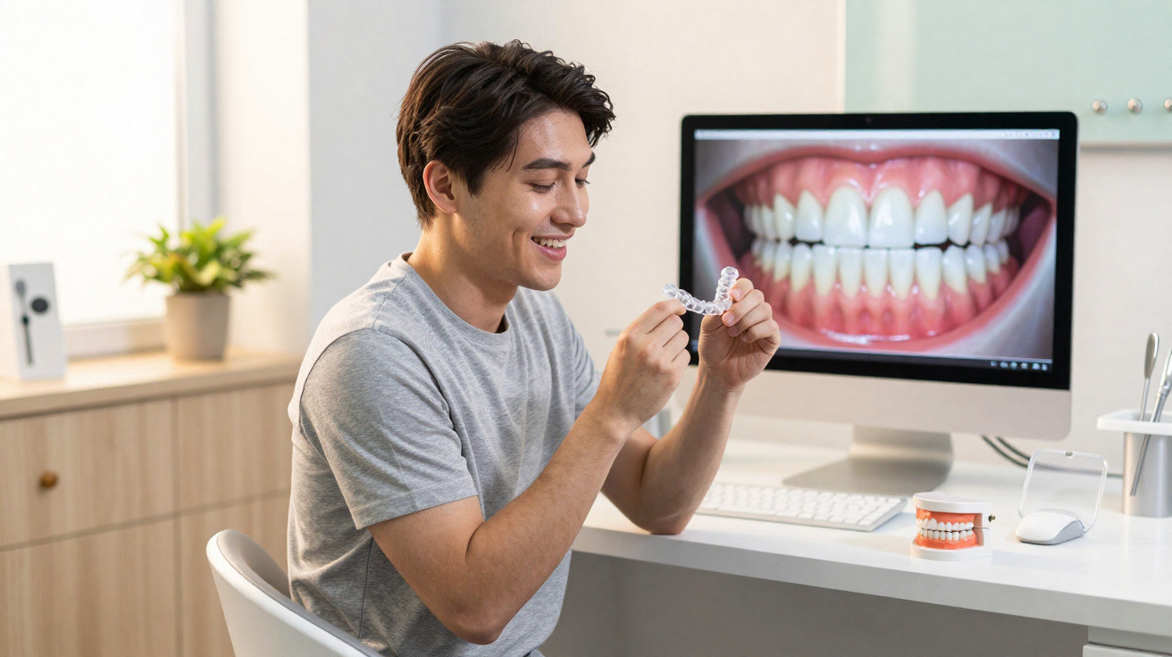 Homem sorridente segurando alinhador dental transparente em consultório odontológico.