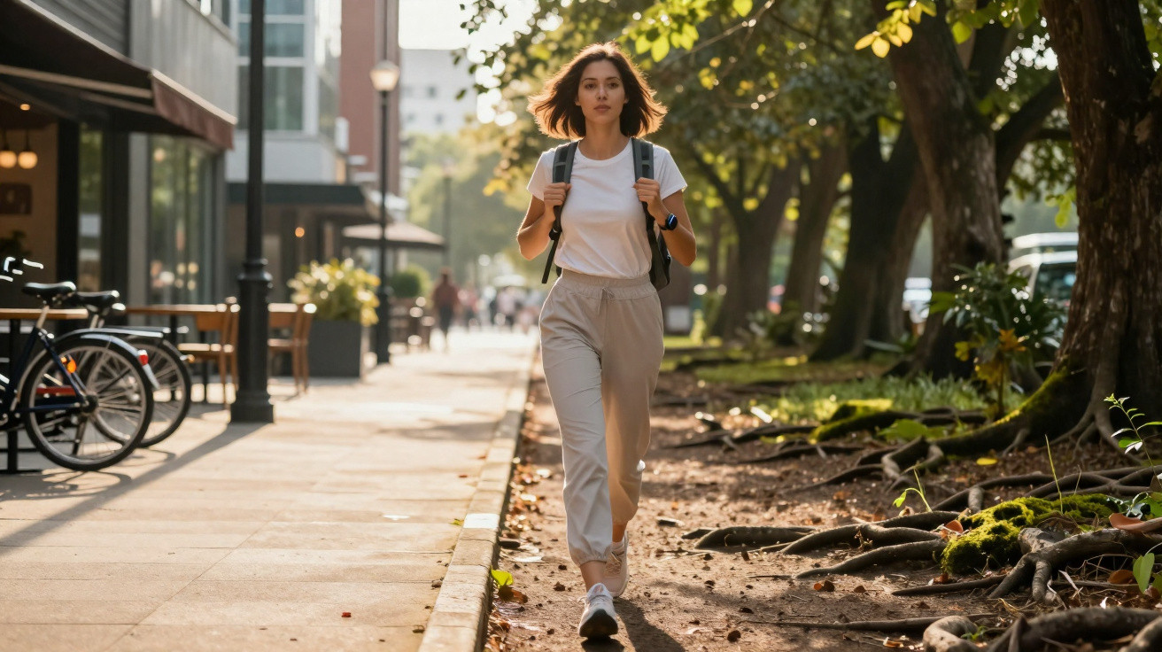 Mulher jovem caminhando com mochila em calçada urbana arborizada ao entardecer.