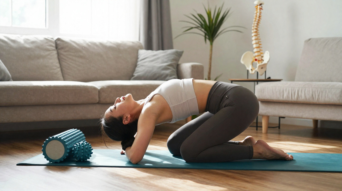 Mulher fazendo alongamento nas costas em tapete de yoga em sala de estar com sofá e planta ao fundo.