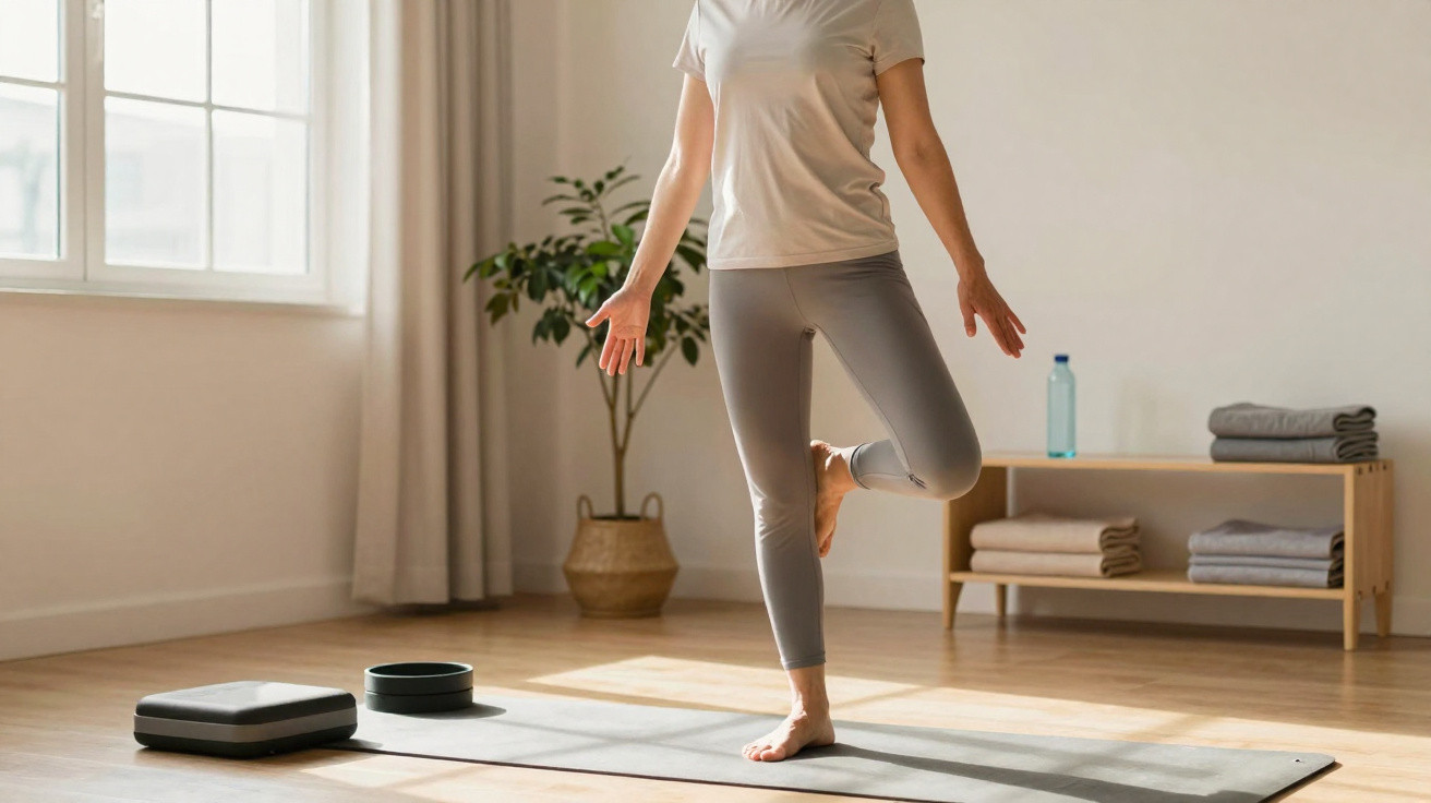 Pessoa praticando yoga em casa, equilibrando-se em um pé sobre tapete no chão claro.