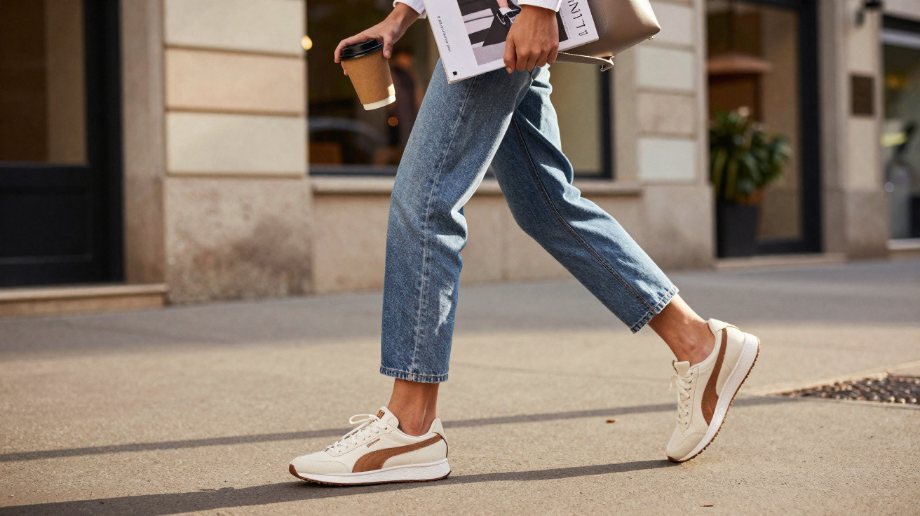 Pessoa caminhando na rua com tênis branco e marrom, usando calça jeans e segurando café e revistas.