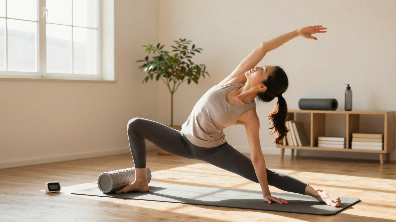 Mulher fazendo exercício de alongamento em tapete de yoga em sala iluminada e arejada.