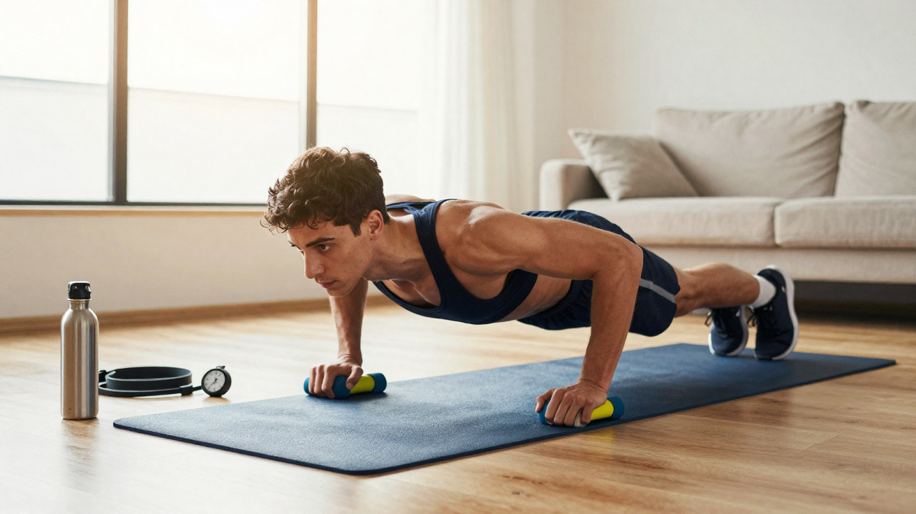 Homem fazendo flexão com apoio de halteres pequenos em um tapete de exercícios na sala.