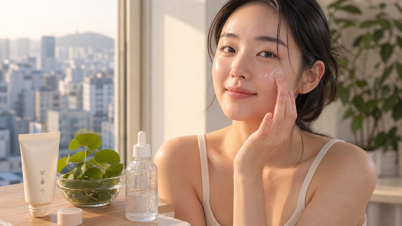 Mulher aplicando creme no rosto com produtos de skincare sobre a mesa e cidade ao fundo.