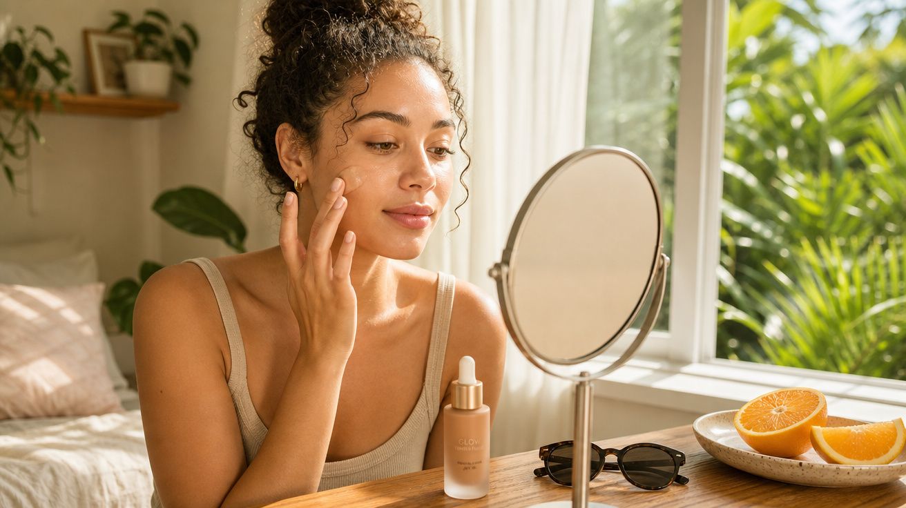 Mulher aplicando creme facial em frente ao espelho, com laranja fatiada e óculos sobre a mesa.