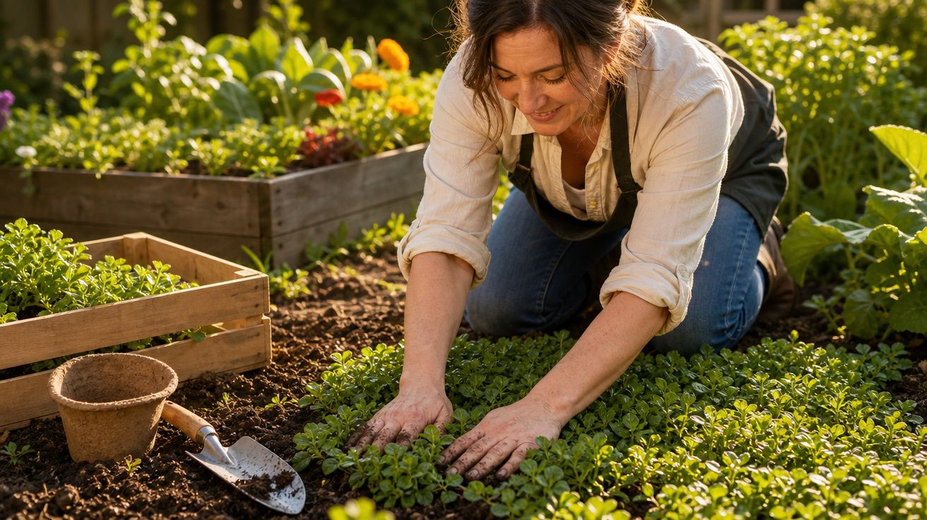 Mulher sorrindo cuidando de plantas em canteiro no jardim em dia ensolarado.