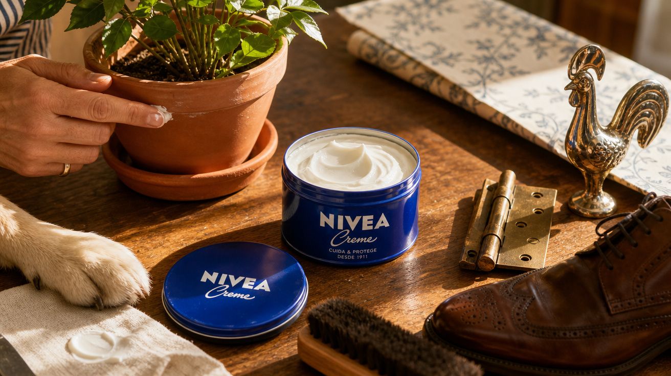 Pote aberto de creme Nivea sobre mesa de madeira, com planta, mão, pata de cachorro, sapato e acessórios.