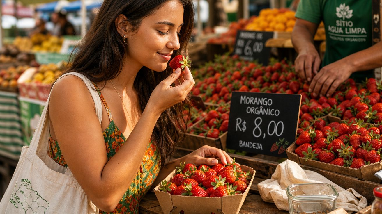 Mulher cheirando morango orgânico em feira ao ar livre com cestos de frutas vermelhas ao fundo.