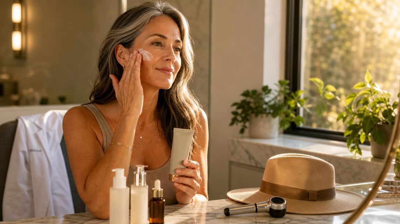 Mulher madura aplicando creme no rosto em banheiro com luz natural, ao lado de produtos de skincare e chapéu.