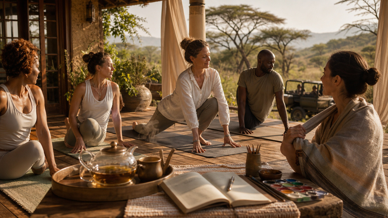 Grupo de pessoas praticando yoga ao ar livre em varanda com natureza ao fundo durante o pôr do sol.