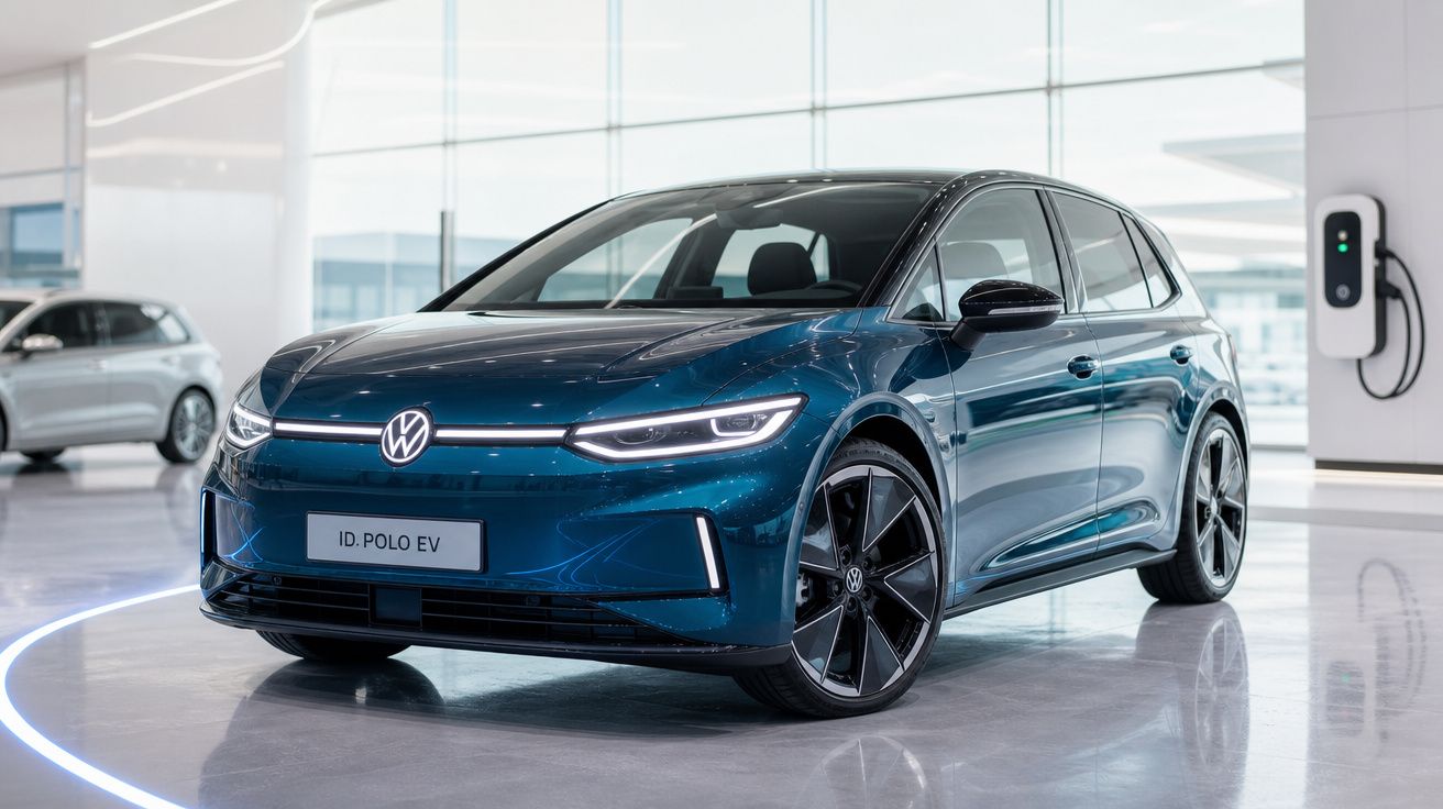 Carro elétrico Volkswagen ID. Polo EV azul em showroom moderno com carregador elétrico à parede.
