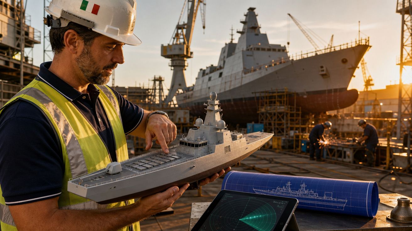 Engenheiro naval com capacete e colete segurando maquete de navio em estaleiro com navio grande ao fundo.