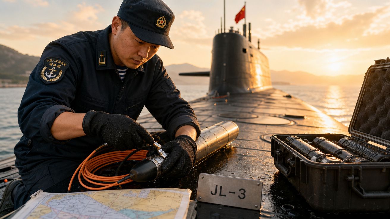 Marinheiro trabalhando em equipamento no convés de submarino ao pôr do sol com mapa e estojo aberto.