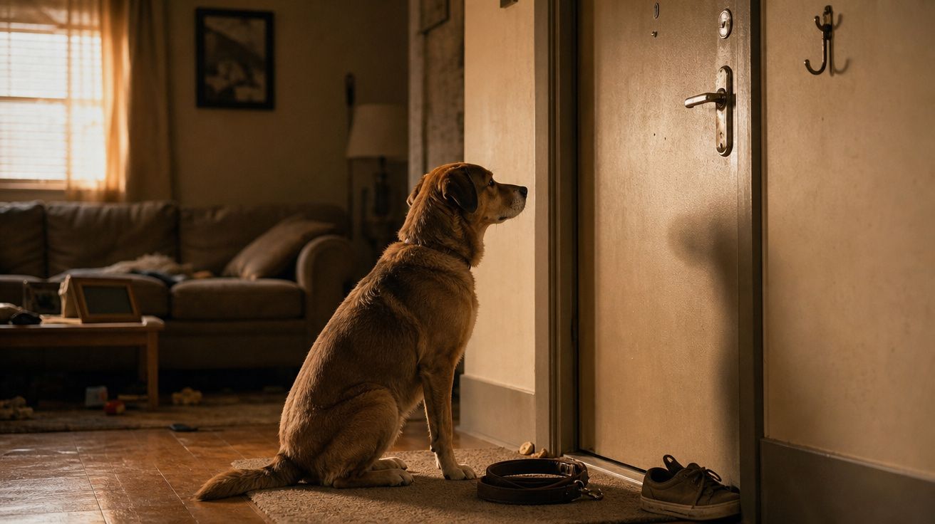 Cachorro sentado no chão olhando para uma porta fechada em sala de estar com sofá e janela ao fundo.