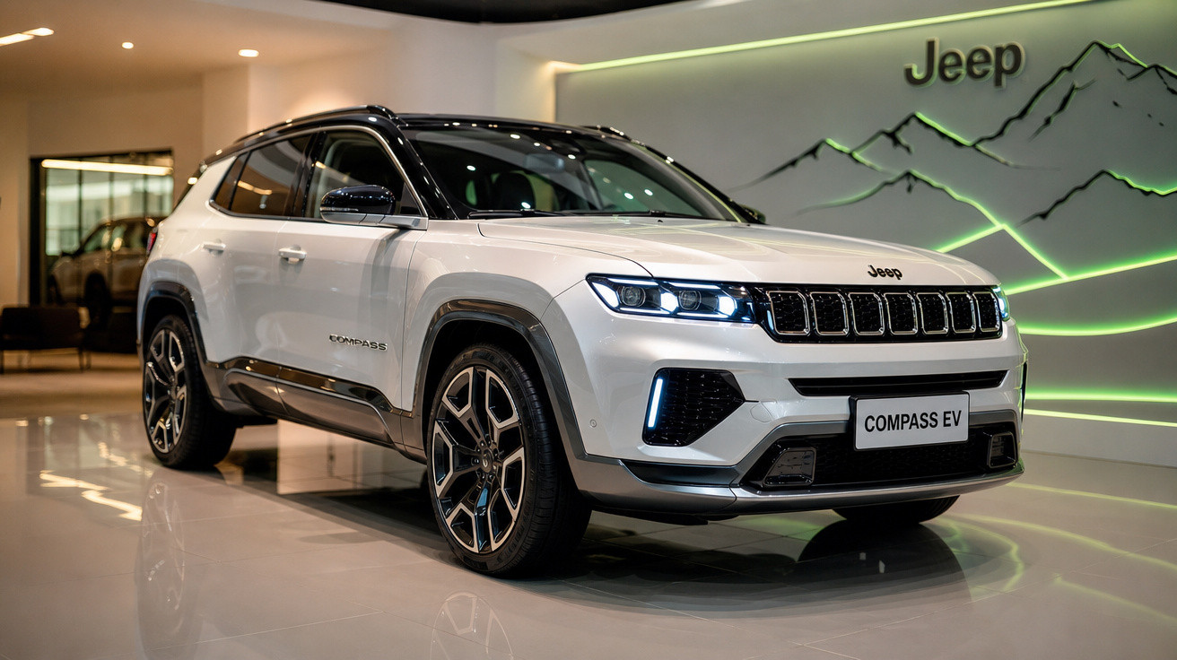 SUV branco Jeep Compass EV estacionado em showroom com parede decorada com logo Jeep e montanhas iluminadas.
