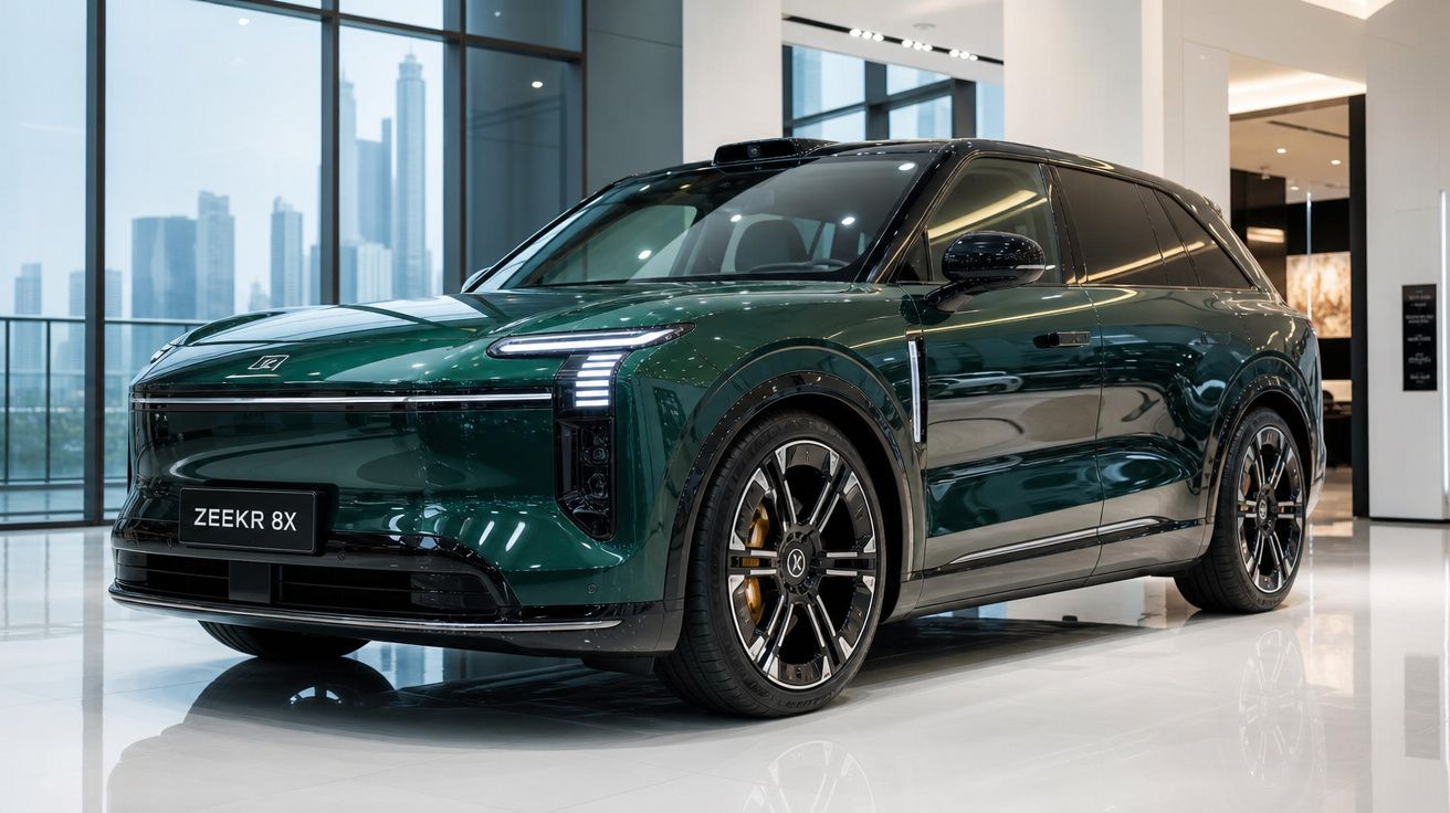 Carro elétrico SUV Zeekr 8X verde exposto em showroom moderno com cidade ao fundo.