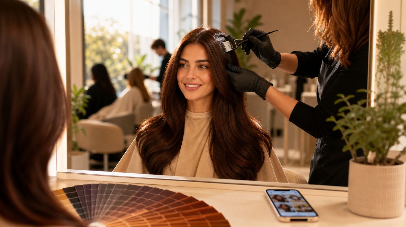 Mulher sorridente tendo cabelo tingido em salão de beleza, com paleta de cores e celular sobre mesa espelhada.