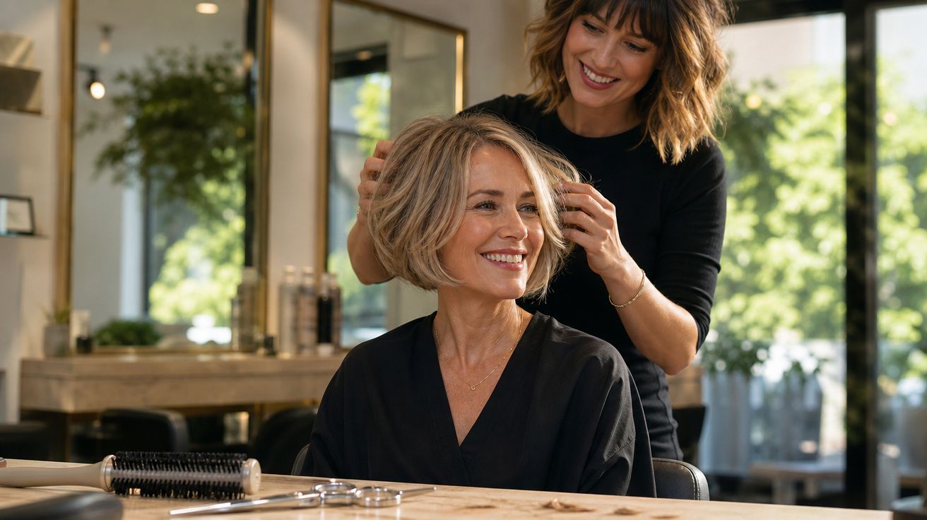 Mulher loira sorrindo em salão de beleza enquanto cabeleireira arruma seu cabelo curto.