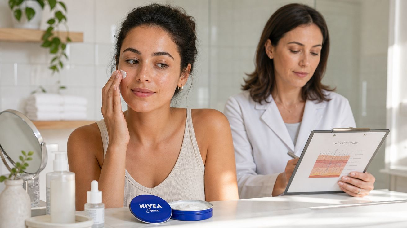 Jovem aplica creme facial Nivea, enquanto dermatologista estuda diagrama da estrutura da pele ao fundo.