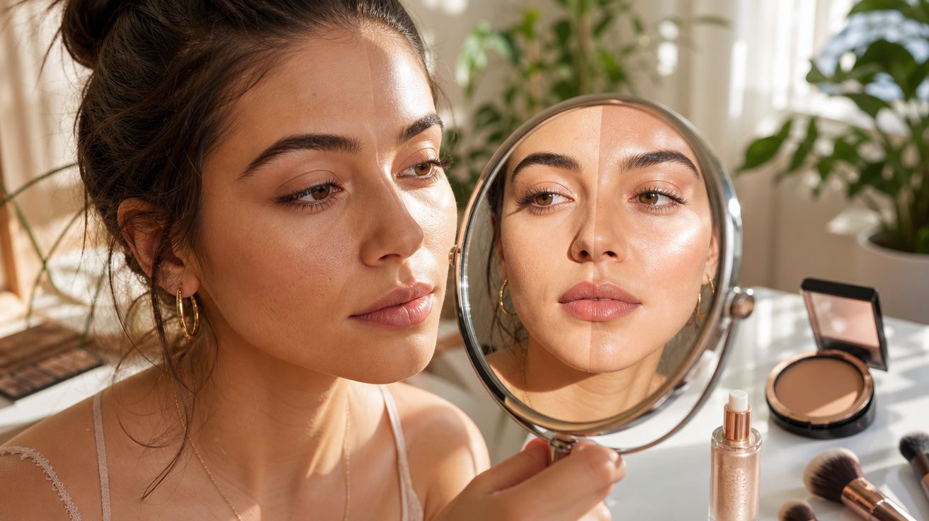 Mulher olhando seu rosto refletido em espelho redondo, com maquiagem e produtos ao fundo.