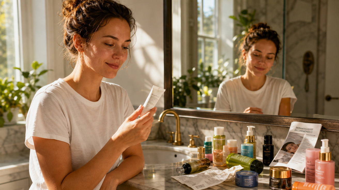 Mulher segurando creme em banheiro com diversos produtos de cuidados com a pele sobre a pia.