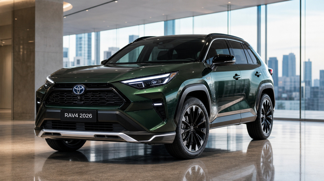 SUV Toyota RAV4 2026 verde escuro em ambiente moderno com vidro e vista urbana ao fundo.
