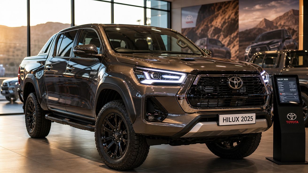Picape Toyota Hilux 2025 cinza escuro em showroom com iluminação natural ao fundo.