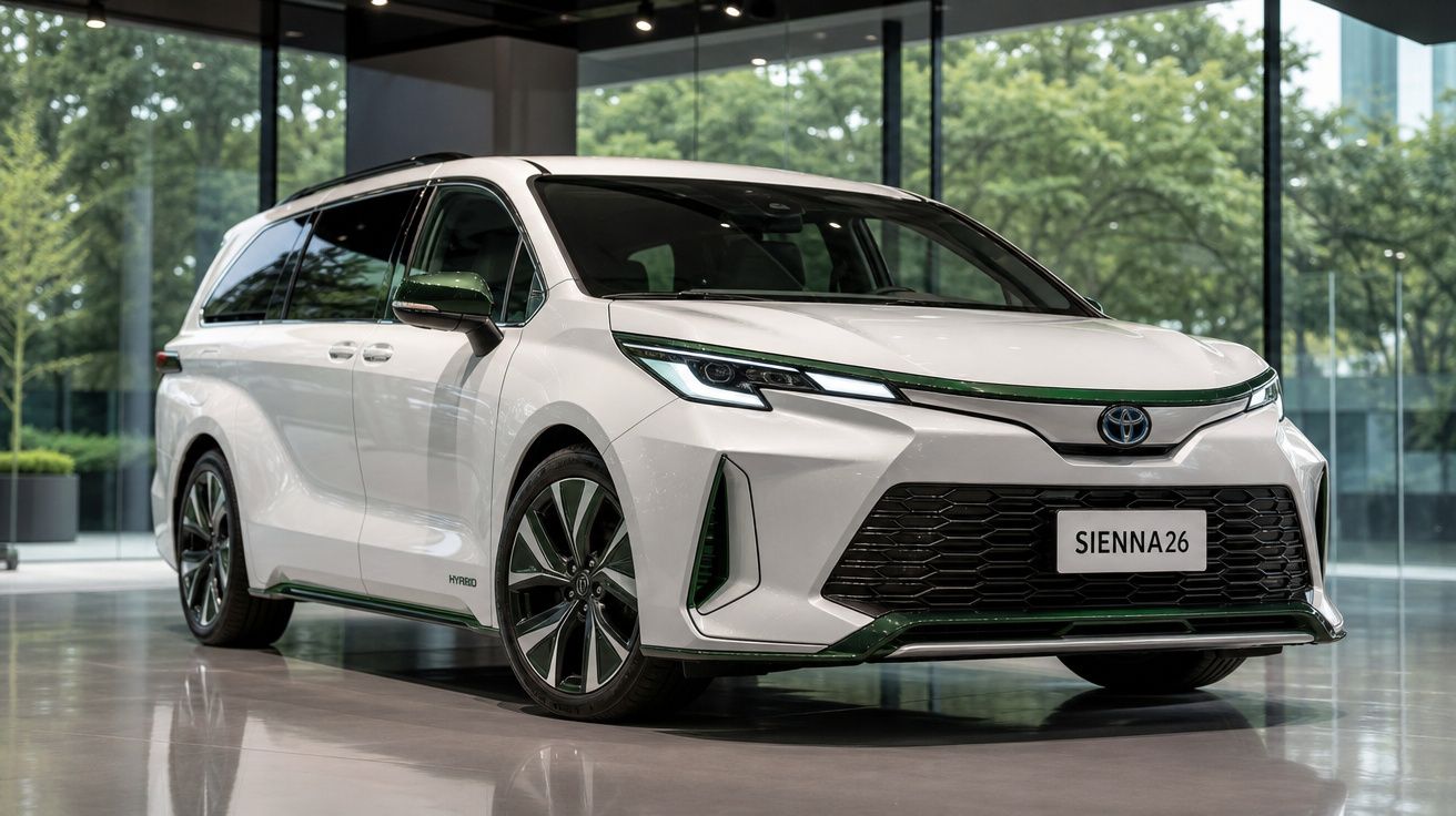 Carro Toyota Sienna branco híbrido estacionado em ambiente interno iluminado, vista frontal em ângulo.