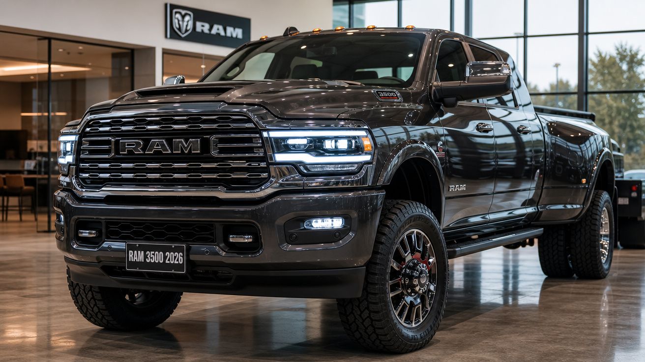 Picape RAM 3500 2026 cinza exibida em showroom com luzes dianteiras acesas.