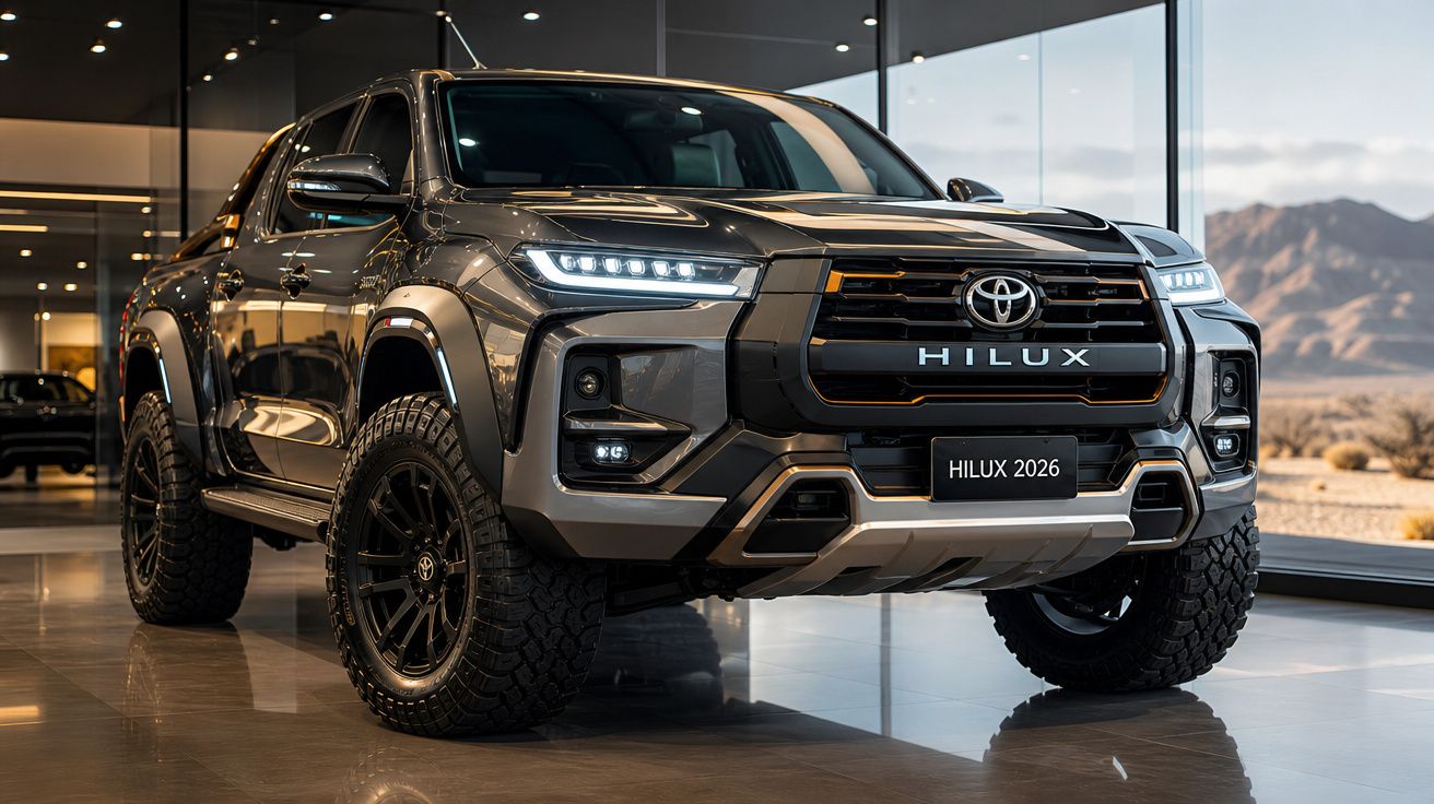 Picape Toyota Hilux 2026 cinza estacionada em showroom com iluminação natural e montanhas ao fundo.