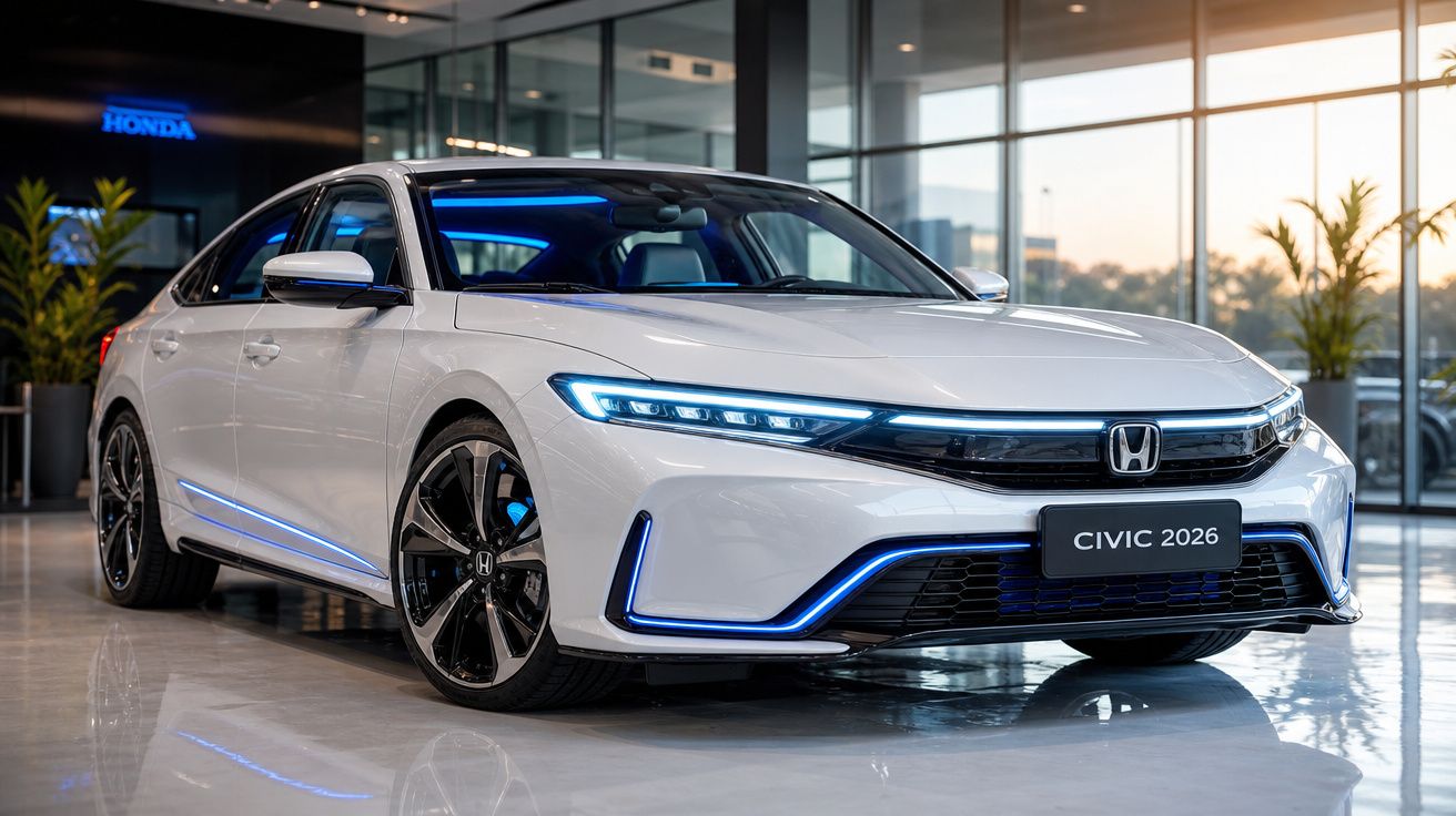 Carro Honda Civic 2026 branco com detalhes azuis, exibido em showroom moderno com piso brilhante.